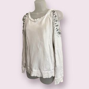 Guess Embellished Cutout Shoulder Top White Long Sleeve Size L